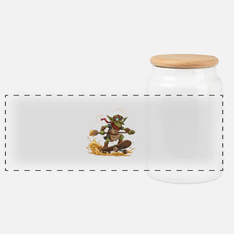 Goblin auf Skateboard - Panorama Keksdose mit Holzdeckel - Weiß