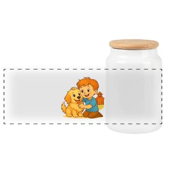 Fluffy und der glückliche Freund – Emotionale Bindung - Panorama Keksdose mit Holzdeckel - Weiß - Vorne