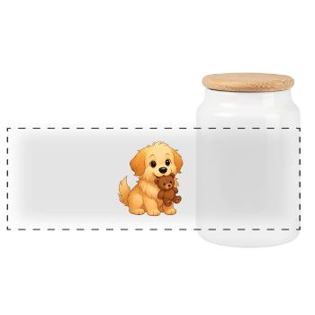 Fluffy Finds Lost Toy - Panoramic Cookie Jar with Wooden Lid - white - Front