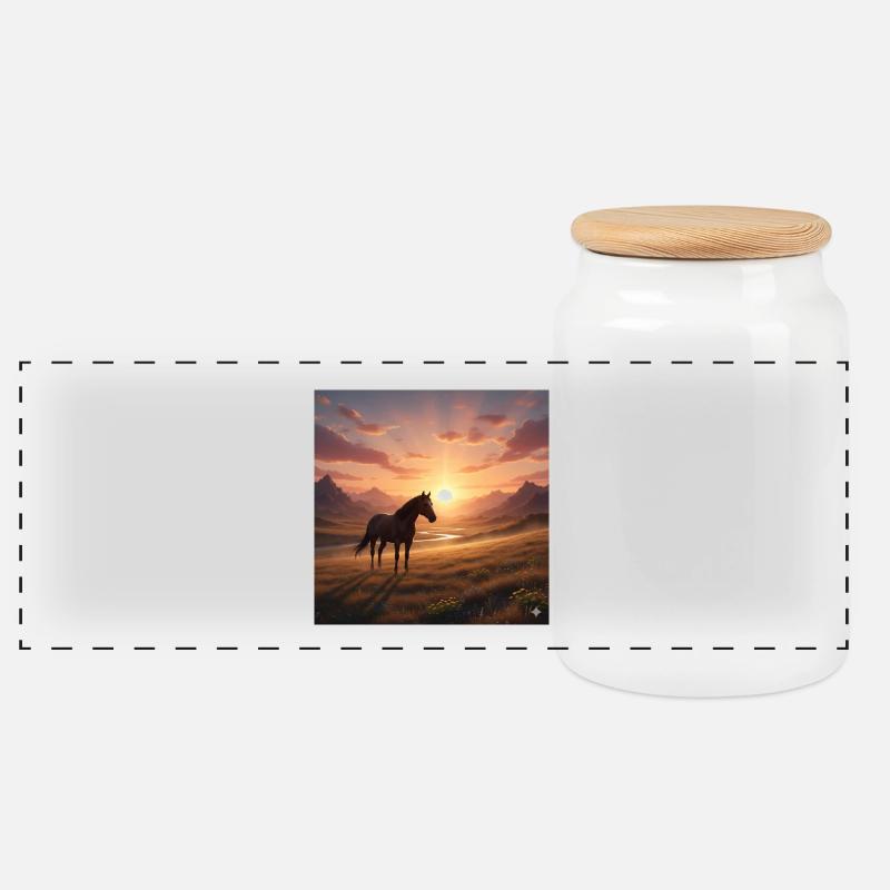 Sonnenuntergangs-Pferd im Bergtal - Panorama Keksdose mit Holzdeckel - Weiß