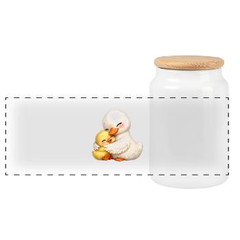 Mom duck cuddles with her baby - Panoramic Cookie Jar with Wooden Lid - white - Front