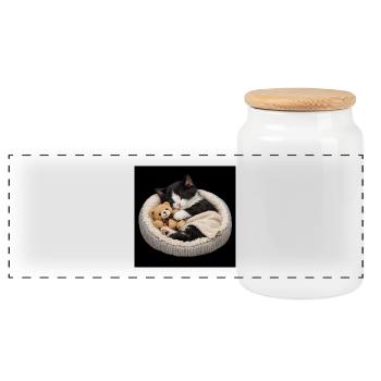 Le chaton dort avec son ours en peluche - Boîte à biscuits avec couvercle en bois - blanc - Devant