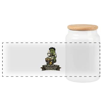 Zombie mit Kaffee auf dem Einkaufsweg - Panorama Keksdose mit Holzdeckel - Weiß - Vorne