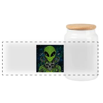 Cyber Alien Skull – Futuristic Sci-Fi Alien - Panoramic Cookie Jar with Wooden Lid - white - Front