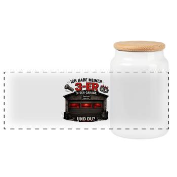 3-ER in der Garage – Humor-Design - Panorama Keksdose mit Holzdeckel - Weiß - Vorne