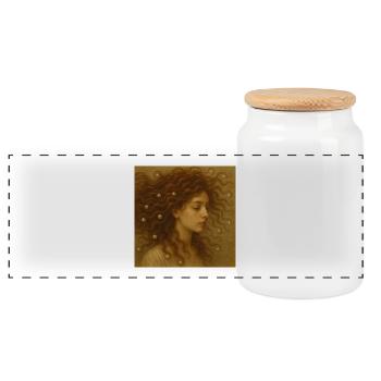 Pearl hair portrait in warm gold - Panoramic Cookie Jar with Wooden Lid - white - Front
