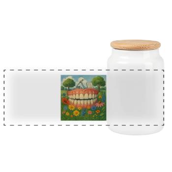 Surreal row of teeth in the flower garden - Panoramic Cookie Jar with Wooden Lid - white - Front