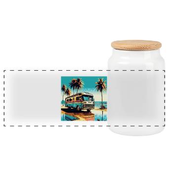 Camping-car rétro sur une plage tropicale - Boîte à biscuits avec couvercle en bois - blanc - Devant