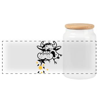 Cow eats bouquet - Panoramic Cookie Jar with Wooden Lid - white - Front