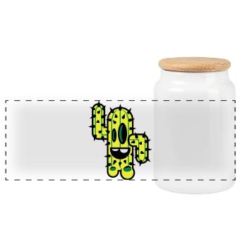 cactus comic nature - Panoramic Cookie Jar with Wooden Lid - white - Front