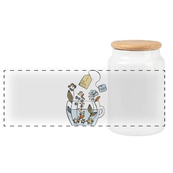 Hygge Tea Cup with Flowers - Panoramic Cookie Jar with Wooden Lid - white - Front