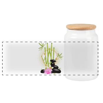 Harmonious arrangement of bamboo, stones & flowers - Panoramic Cookie Jar with Wooden Lid - white - Front