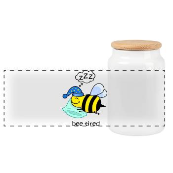 bee tired, funny tired bee cute animals sleep - Panoramic Cookie Jar with Wooden Lid - white - Front
