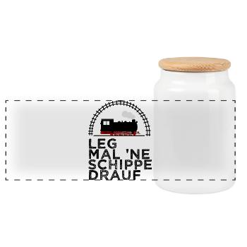 Dampflok Schiene Schippe drauf Kohle - Panorama Keksdose mit Holzdeckel - Weiß - Vorne