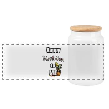 Today it says: Happy Birthday to ME ! - Panoramic Cookie Jar with Wooden Lid - white - Front