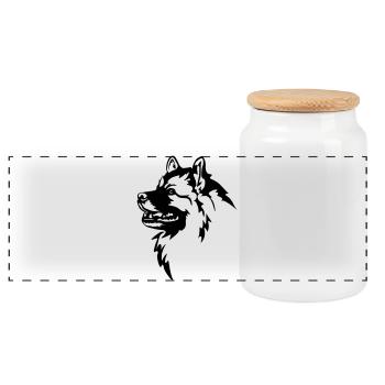 Wolfsspitz Head - Panoramic Cookie Jar with Wooden Lid - white - Front