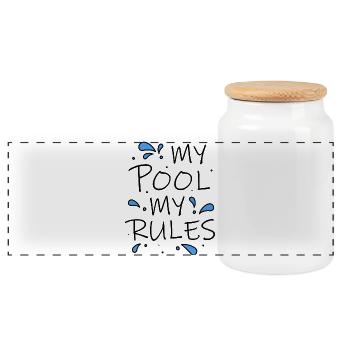 My Pool My Rules! cooler lustiger Spruch - Panorama Keksdose mit Holzdeckel - Weiß - Vorne