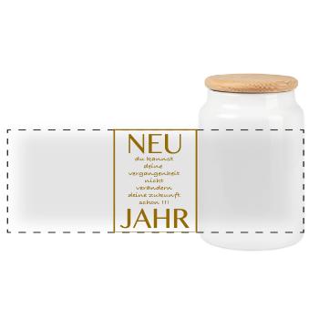 New Jahr deine Zukunft Jahr - Spruch - Panorama Keksdose mit Holzdeckel - Weiß - Vorne