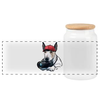 Chien photographe à casquette rouge - Boîte à biscuits avec couvercle en bois - blanc - Devant