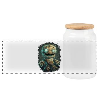 Steampunk Robot with Glowing Eyes - Panoramic Cookie Jar with Wooden Lid - white - Front