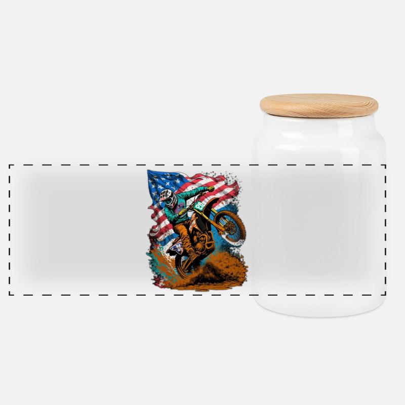 Motocross Action mit US-Flagge - Panorama Keksdose mit Holzdeckel - Weiß