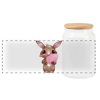 cute bunny with pink cotton candy - Panoramic Cookie Jar with Wooden Lid - white - Front
