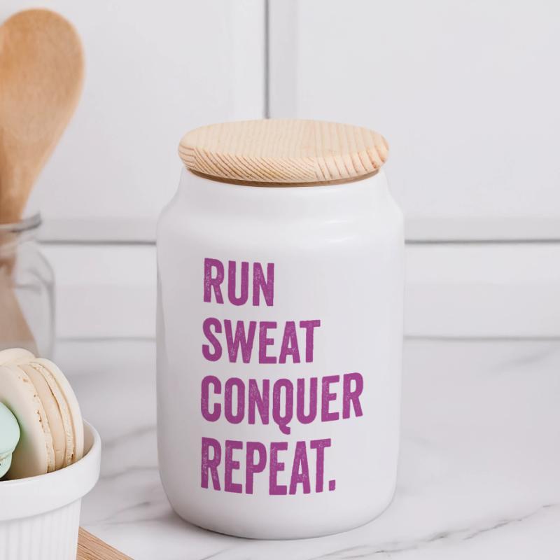 Run. Sweat. Conquer. Repeat. Panoramic Cookie Jar with Wooden Lid