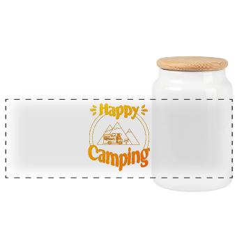 Happy Camping - conception graphique joyeuse et cool - Boîte à biscuits avec couvercle en bois - blanc - Devant