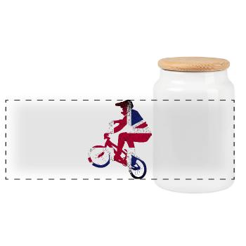 Union Jack Radfahrer-Silhouette - Panorama Keksdose mit Holzdeckel - Weiß - Vorne