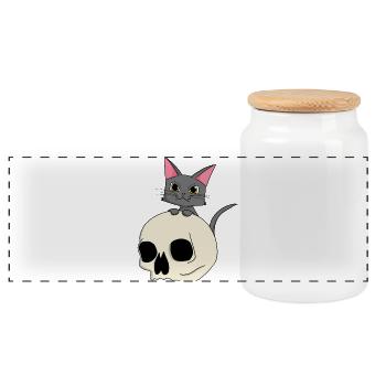 Katzenkopf mit Schädel-Design - Panorama Keksdose mit Holzdeckel - Weiß - Vorne