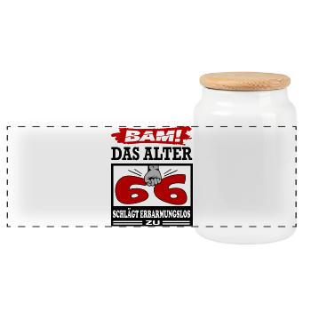 Geburtstag 66 Bam Boom Bombe Das Alter schlägt zu - Panorama Keksdose mit Holzdeckel - Weiß - Vorne