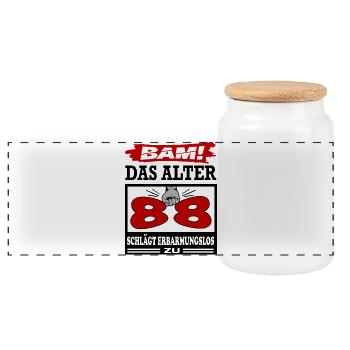 Geburtstag 88 Bam Boom Bombe Das Alter schlägt zu - Panorama Keksdose mit Holzdeckel - Weiß - Vorne