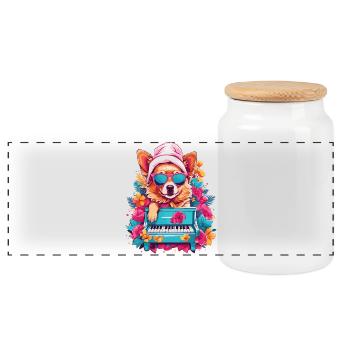 Dog with Piano - Panoramic Cookie Jar with Wooden Lid - white - Front