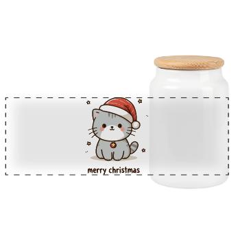 Chaton Fête - Noël Joyeux - Boîte à biscuits avec couvercle en bois - blanc - Devant