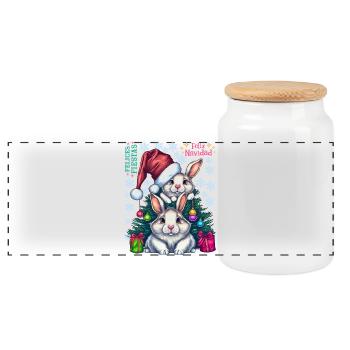 Festive Easter Bunnies with Christmas Hat - Panoramic Cookie Jar with Wooden Lid - white - Front