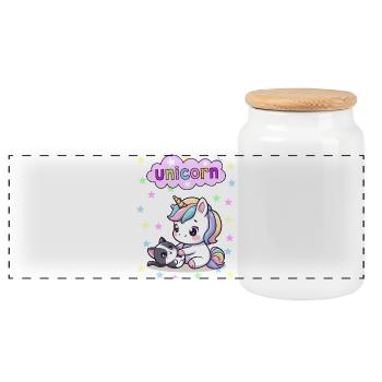 Entzückende Einhorn- und Katzenillustration - Panorama Keksdose mit Holzdeckel - Weiß - Vorne