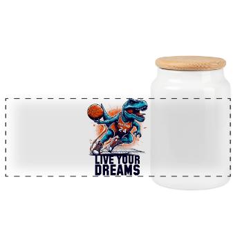 Basketball T-Rex Dinosaur Dreams Gift - Panoramic Cookie Jar with Wooden Lid - white - Front