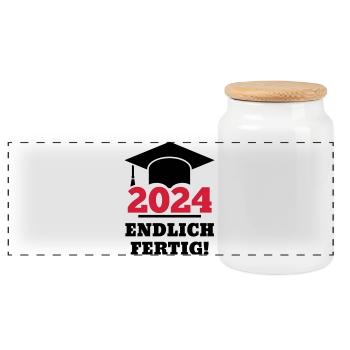Doktorhut 2024 - Geschenk Studenten Endlich Fertig - Panorama Keksdose mit Holzdeckel - Weiß - Vorne