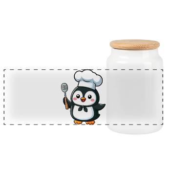 Süßer Pinguin Koch Cartoon Comic Design - Panorama Keksdose mit Holzdeckel - Weiß - Vorne
