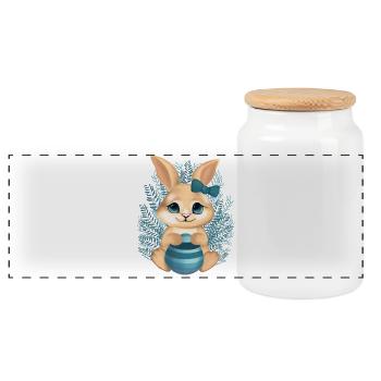 Cute bunny with flowers – Calm illustration - Panoramic Cookie Jar with Wooden Lid - white - Front
