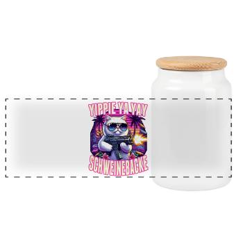 Cat Saying Funny Minigun Gamer GTA - Panoramic Cookie Jar with Wooden Lid - white - Front