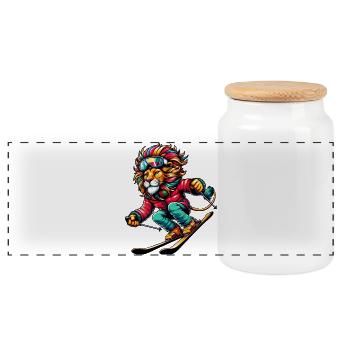 Skiing holiday Löwe on the slopes - Panoramic Cookie Jar with Wooden Lid - white - Front