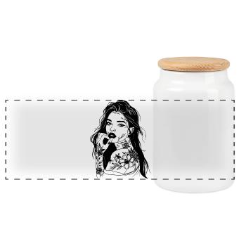 Tatouage Fille Ligne Art Portrait - Boîte à biscuits avec couvercle en bois - blanc - Devant