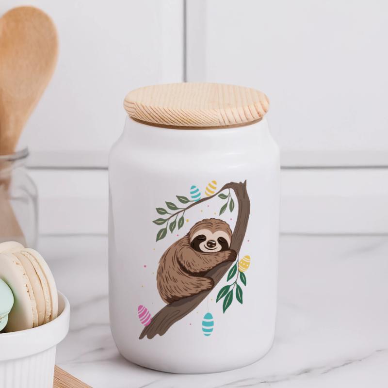 Easter Sloth with Easter Eggs Panoramic Cookie Jar with Wooden Lid