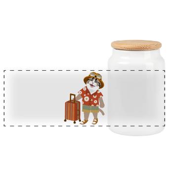 cat traveling mood - Panoramic Cookie Jar with Wooden Lid - white - Front