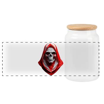 Skull with red-white-red hood. - Panoramic Cookie Jar with Wooden Lid - white - Front