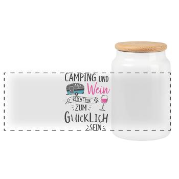 Camping und Wein Wohnwagen Camper Campingplatz - Panorama Keksdose mit Holzdeckel - Weiß - Vorne
