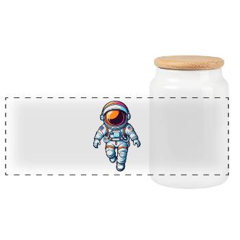 Colorful Cartoon Astronaut - Panoramic Cookie Jar with Wooden Lid - white - Front