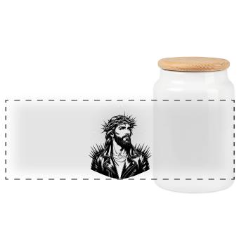 Jesus Christus mit stylischer Frisur & Lederjacke - Panorama Keksdose mit Holzdeckel - Weiß - Vorne
