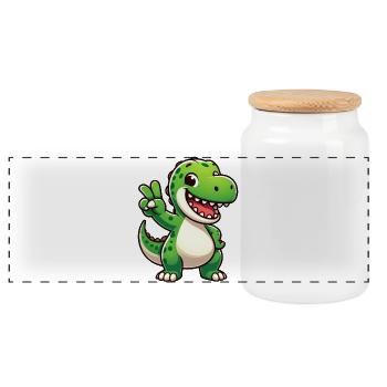 Cute Dino T-Rex Cartoon Peace Laughing Joy - Panoramic Cookie Jar with Wooden Lid - white - Front